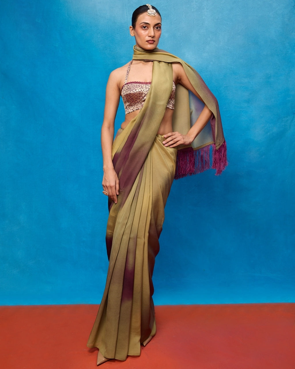 Handwoven Pista Green & Faded Purple Ombre Chiffon Digital Print Sari