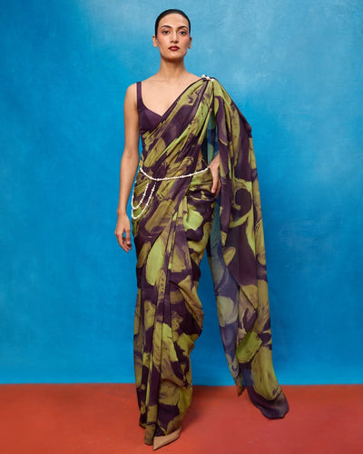 Handwoven Purple & Pista Green Brushstroke Chiffon Digital Print Sari