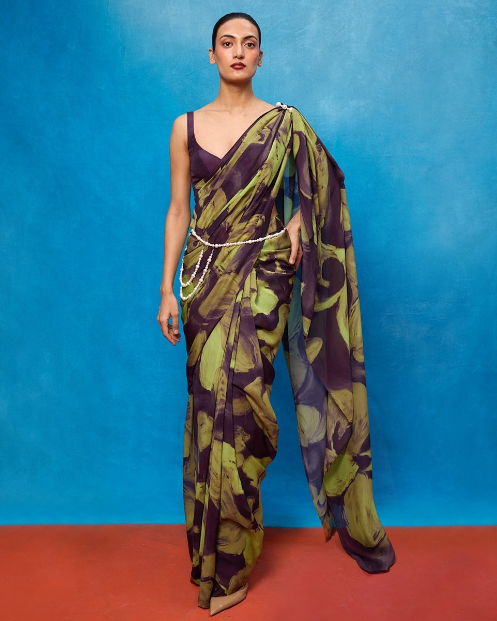 Handwoven Purple & Pista Green Brushstroke Chiffon Digital Print Sari