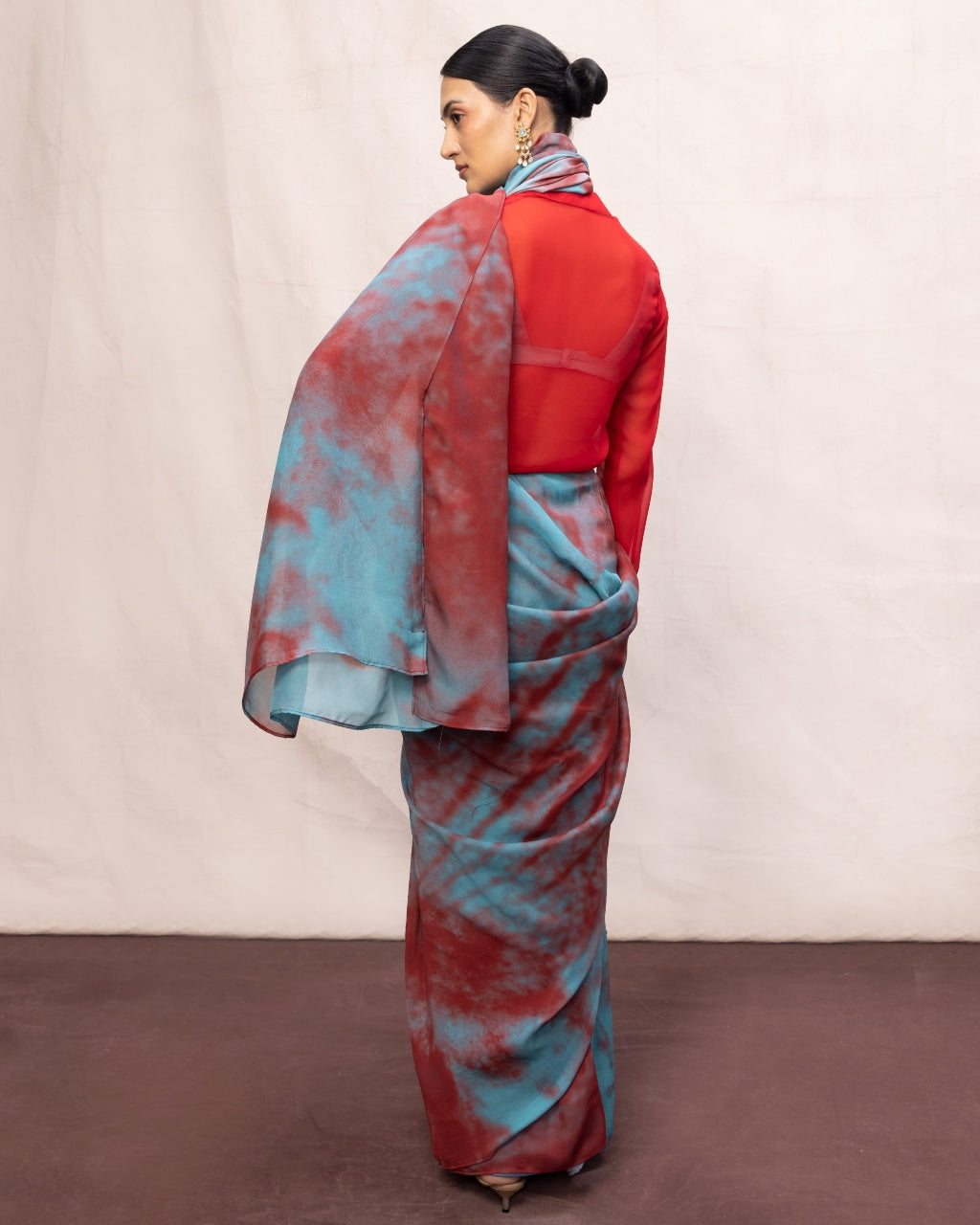 Handwoven Blue & Red Brushstroke Chiffon Digital Print Sari