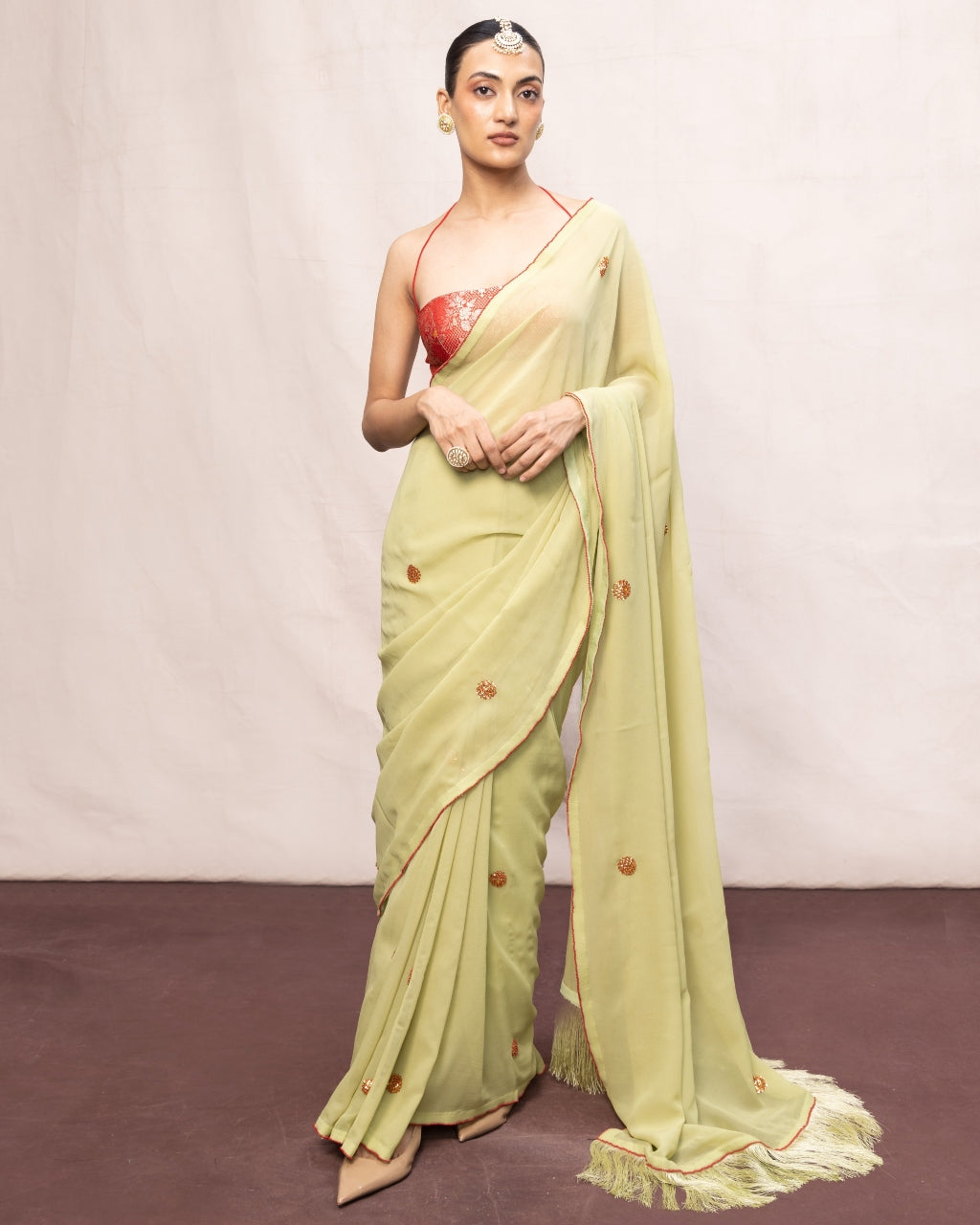 Handwoven Pistachio Green Georgette Embroidered Sari