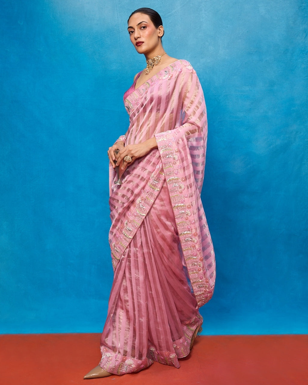 Handwoven Pink Tissue Embroidered Sari