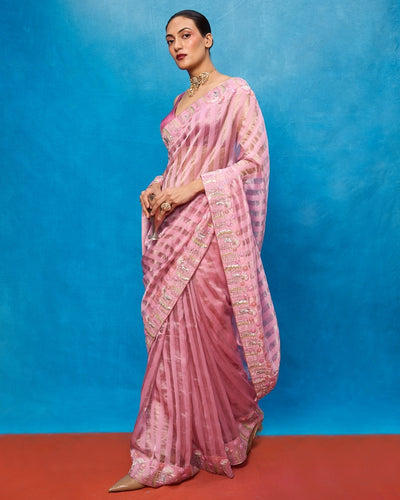 Handwoven Pink Tissue Embroidered Sari