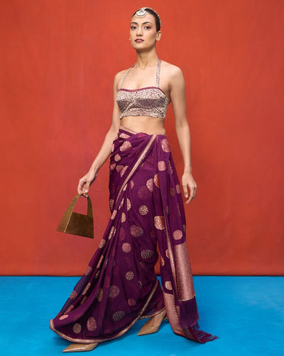 Handwoven Wine Chiffon Banarasi Sari