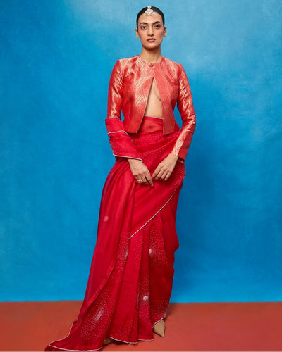 Handwoven Red Kora Banarasi Sari