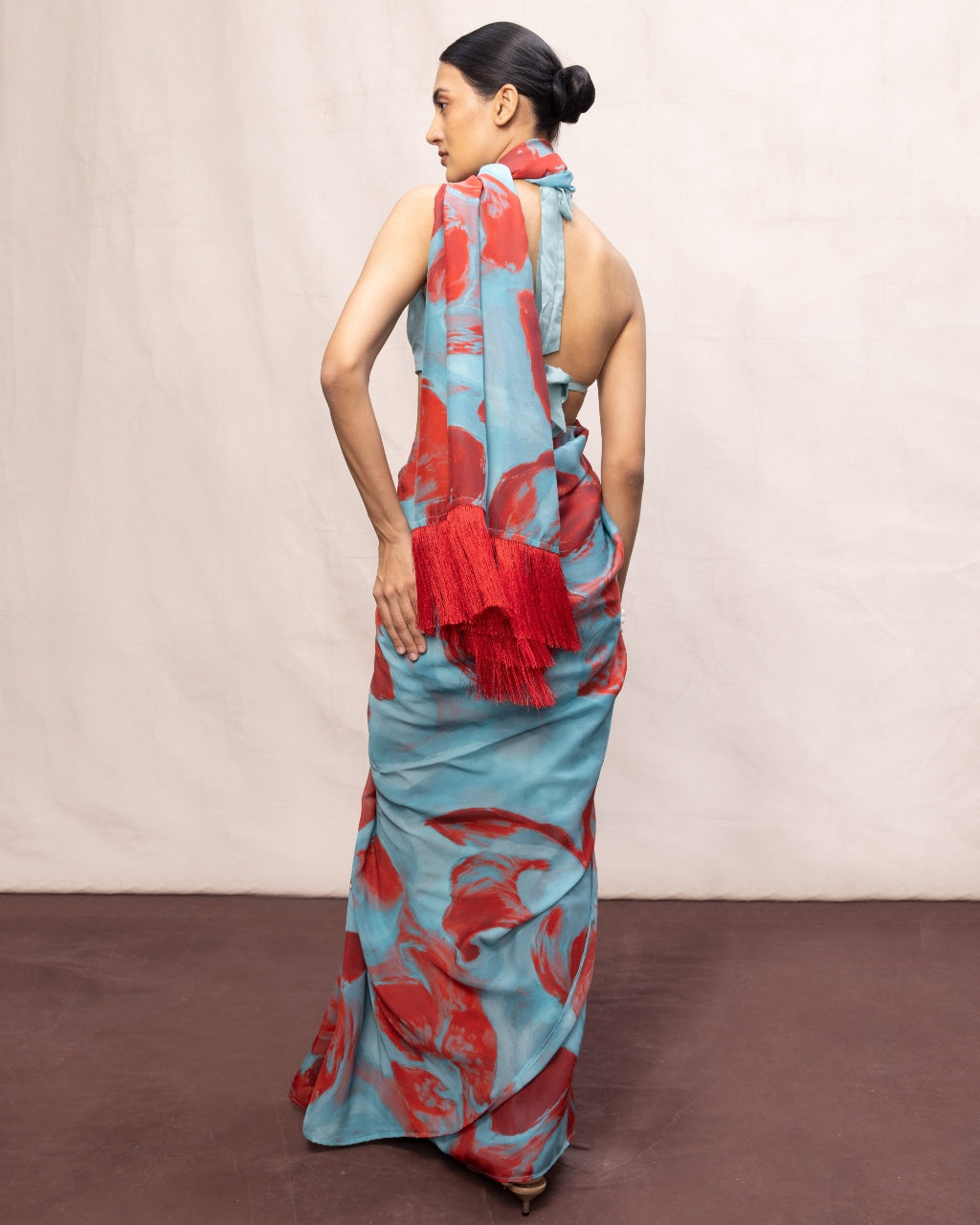 Handwoven Sky Blue & Red Brushstroke Chiffon Digital Print Sari