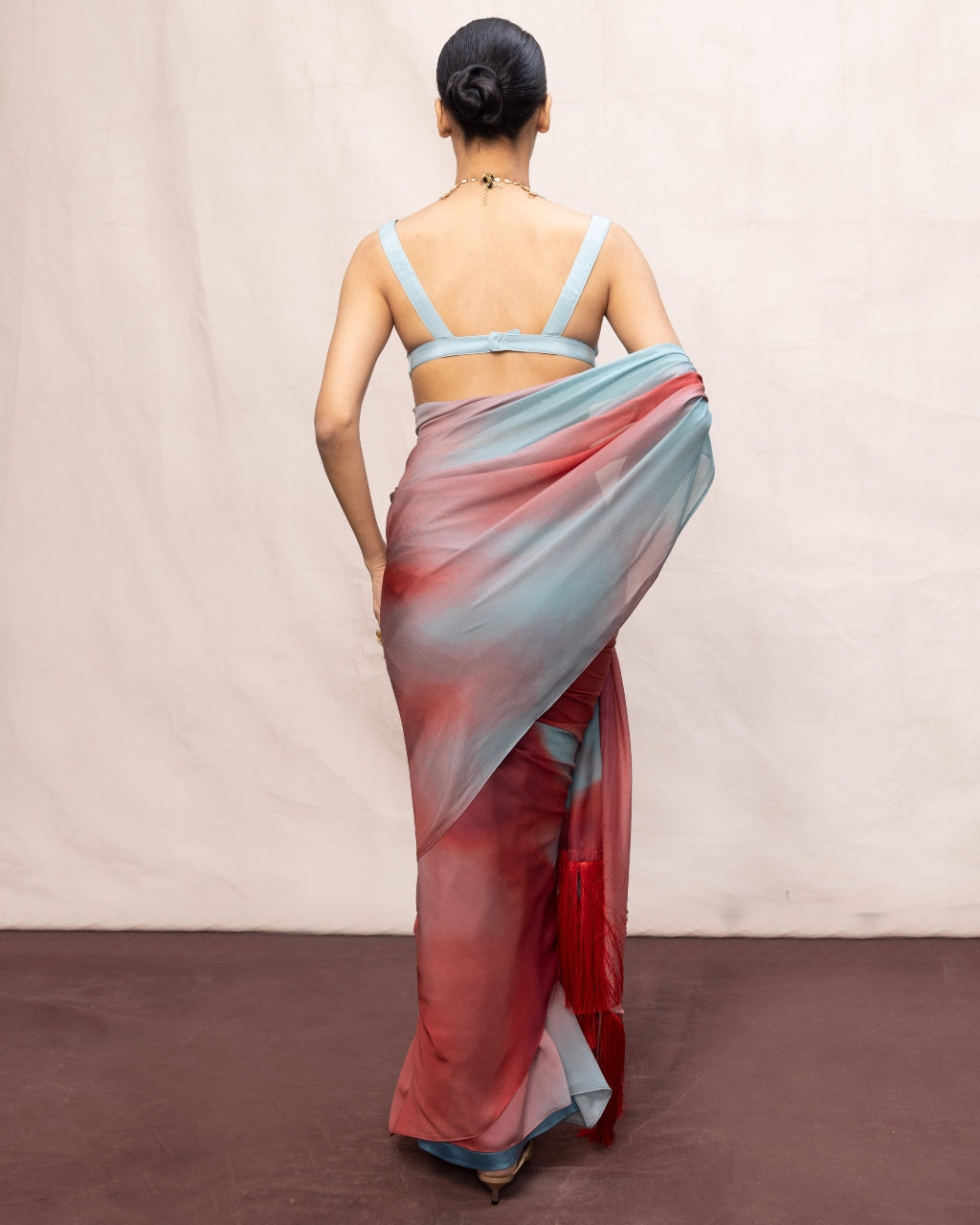Handwoven Coral Red & Blue Ombre Chiffon Digital Print Sari