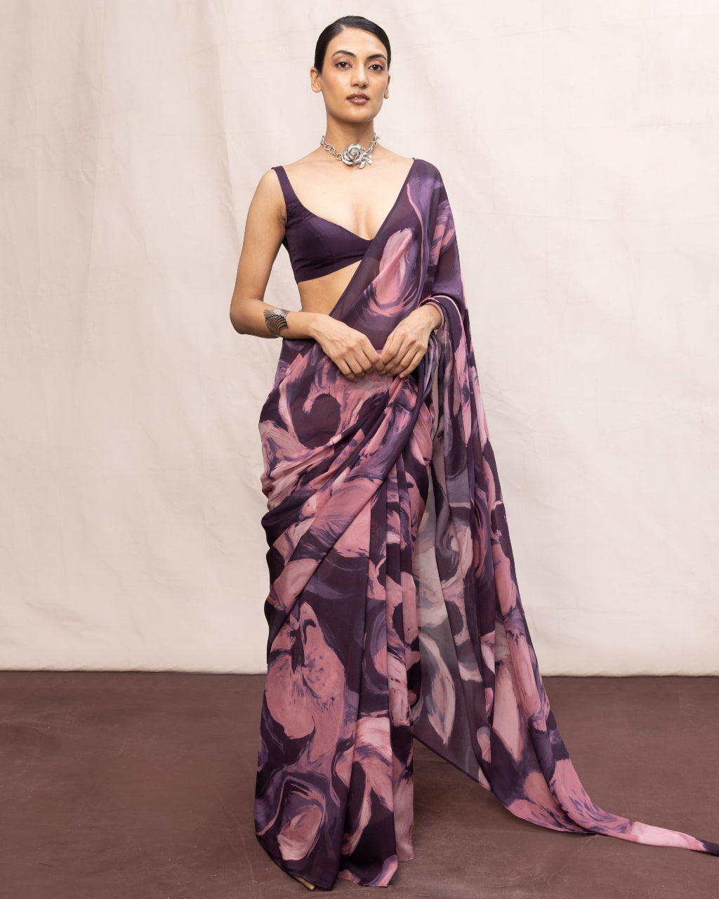 Handwoven Purple & Pink Brushstroke Chiffon Digital Print Sari