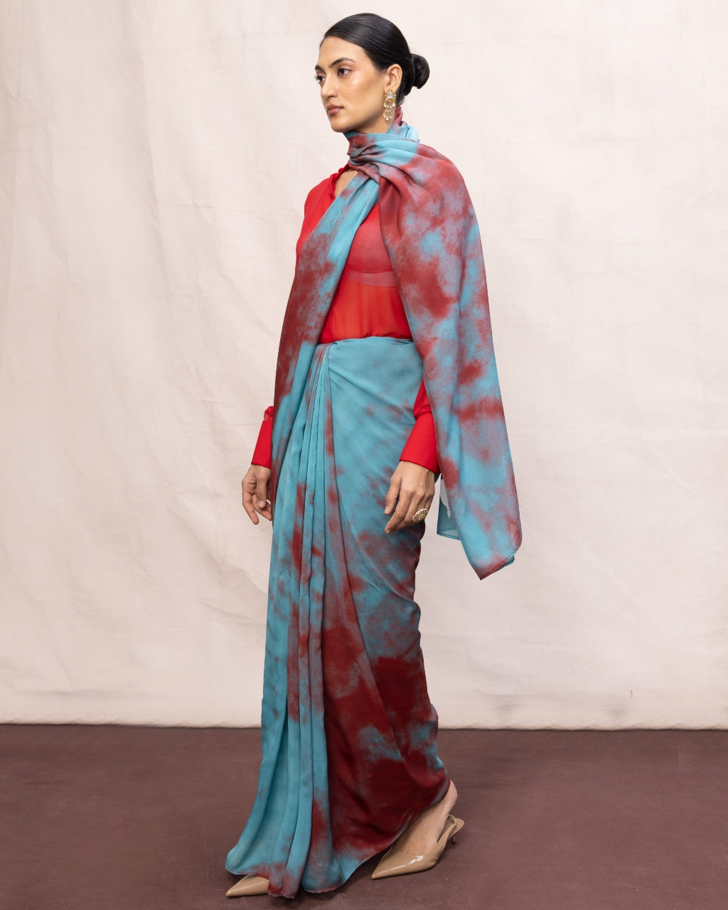 Handwoven Blue & Red Brushstroke Chiffon Digital Print Sari