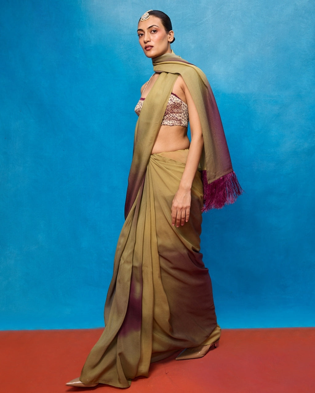 Handwoven Pista Green & Faded Purple Ombre Chiffon Digital Print Sari