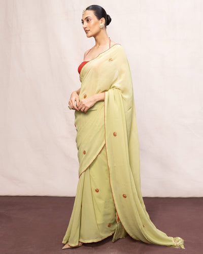 Handwoven Pistachio Green Georgette Embroidered Sari