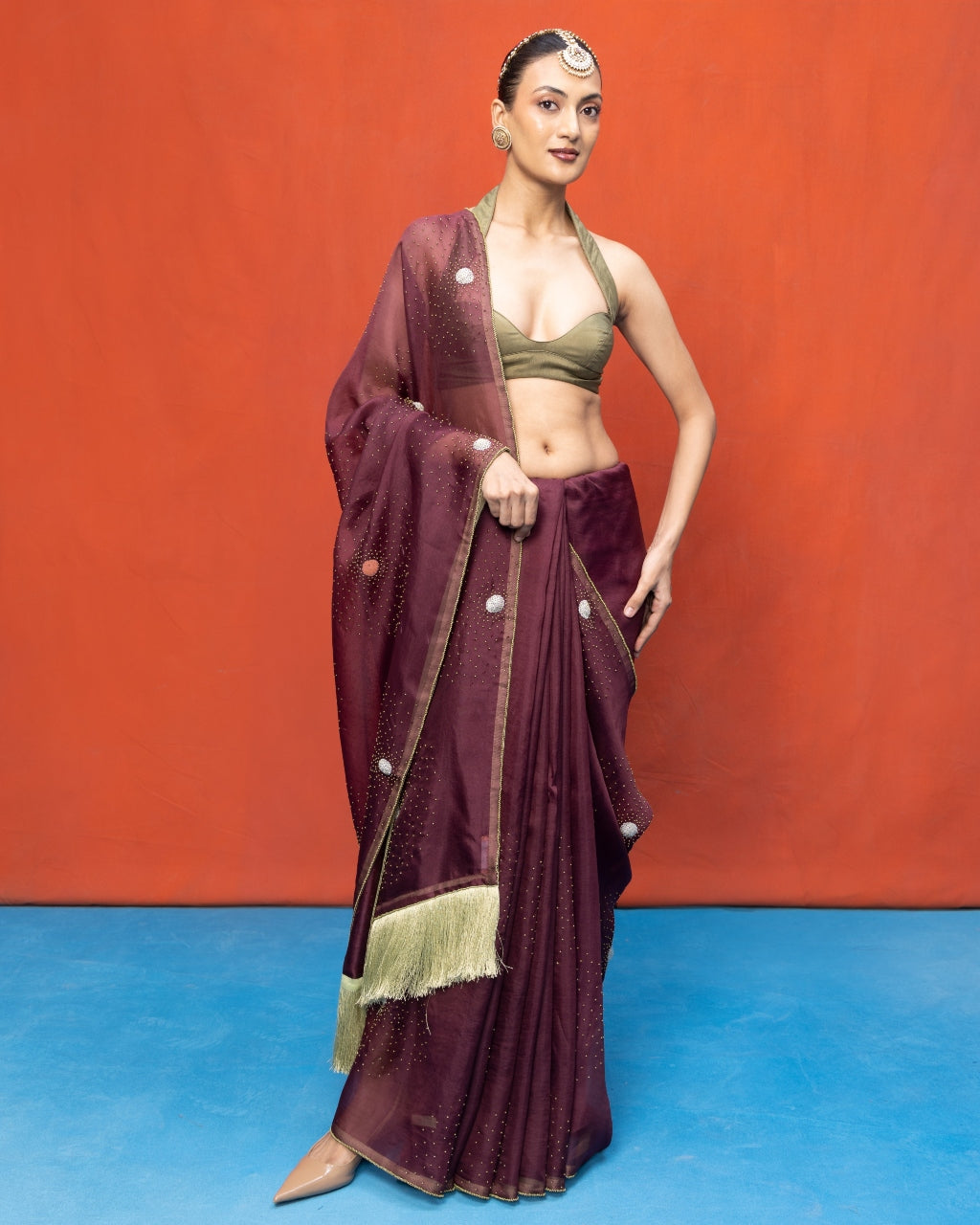 Handwoven Wine Kora Banarasi Sari