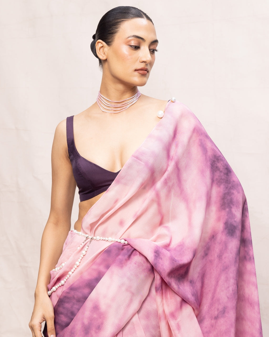 Handwoven Dark Purple & Light Pink Ombre Chiffon Digital Print Sari
