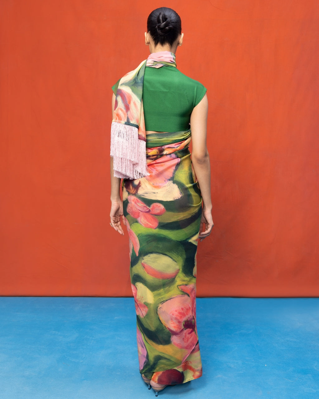 Handwoven Bottle Green & Pink Brushstroke Chiffon Digital Print Sari