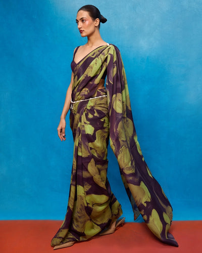Handwoven Purple & Pista Green Brushstroke Chiffon Digital Print Sari