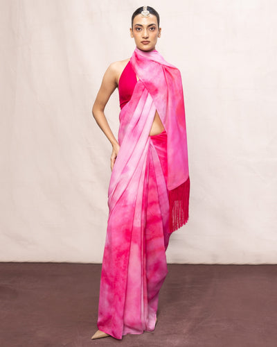 Handwoven Pink Ombre Chiffon Digital Print Sari