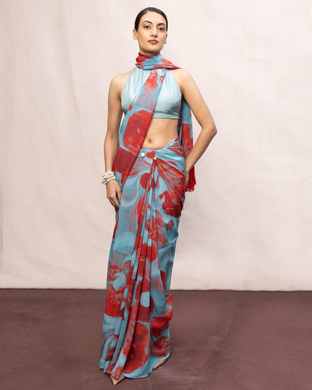 Handwoven Sky Blue & Red Brushstroke Chiffon Digital Print Sari