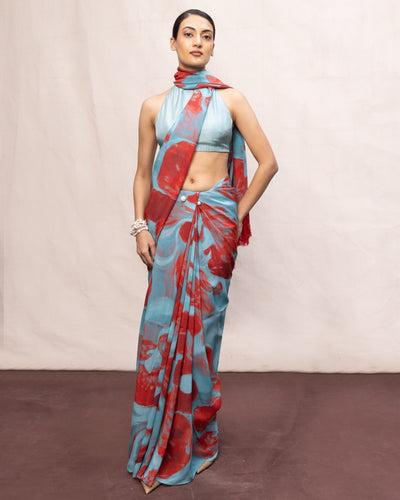Handwoven Sky Blue & Red Brushstroke Chiffon Digital Print Sari