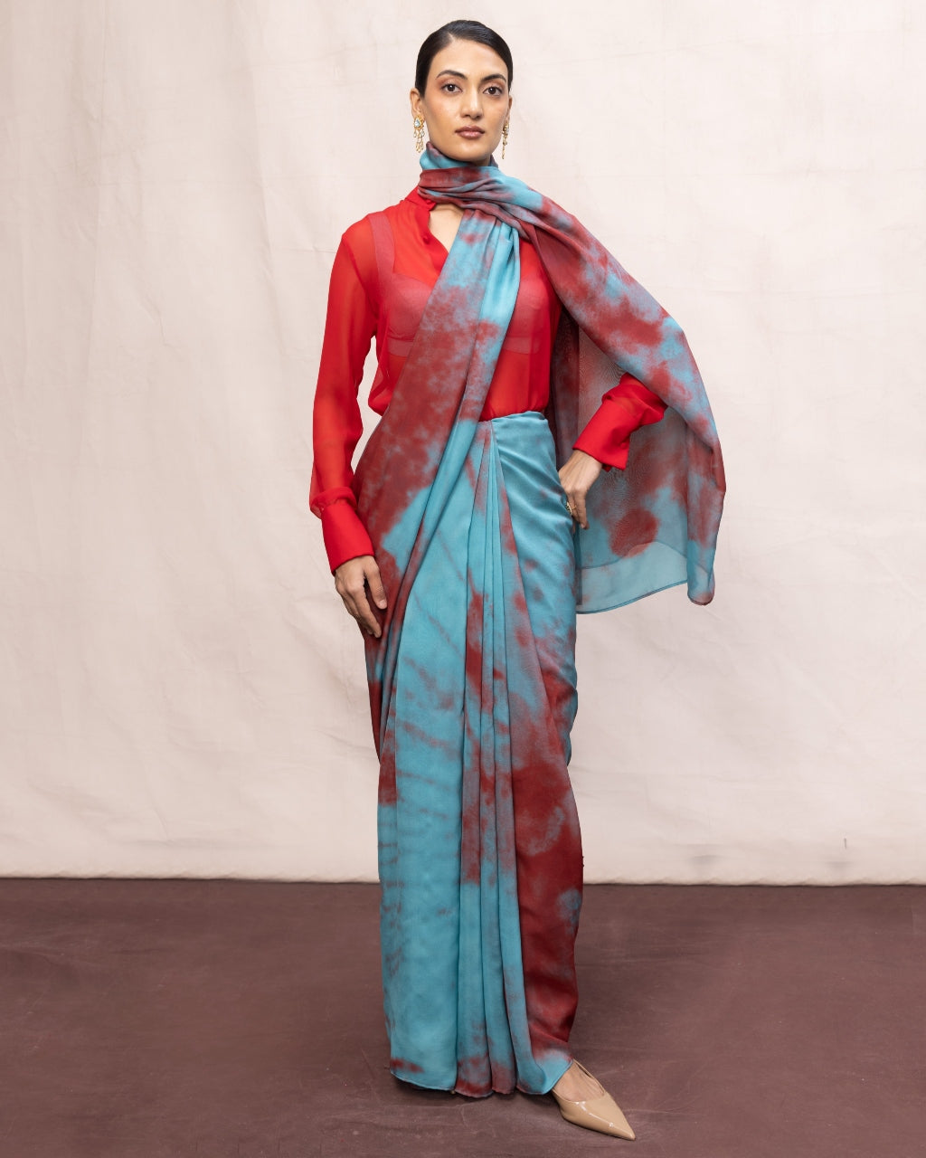 Handwoven Blue & Red Brushstroke Chiffon Digital Print Sari