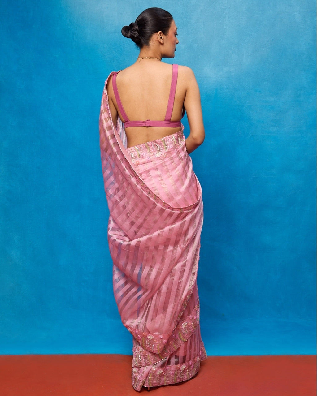 Handwoven Pink Tissue Embroidered Sari
