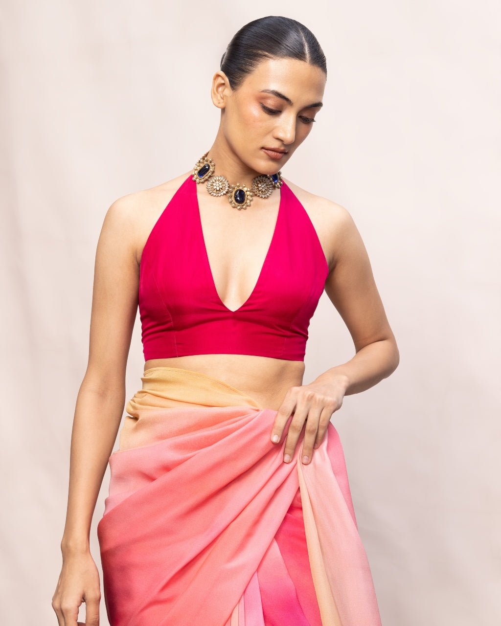 Handwoven Pink & Pista Green Ombre Chiffon Digital Print Sari
