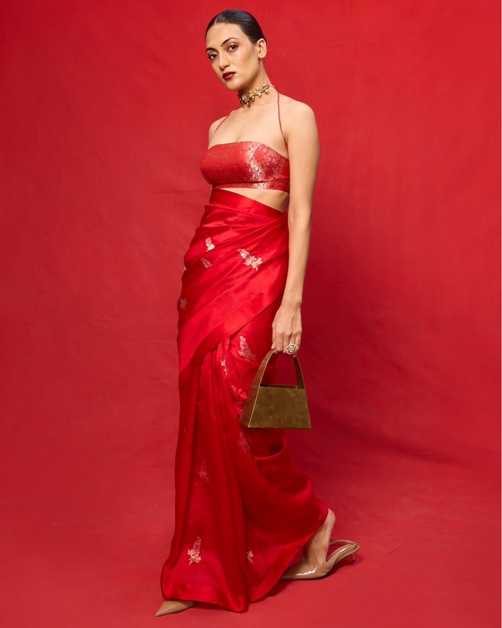 Handwoven Red Silk Embroidered Sari