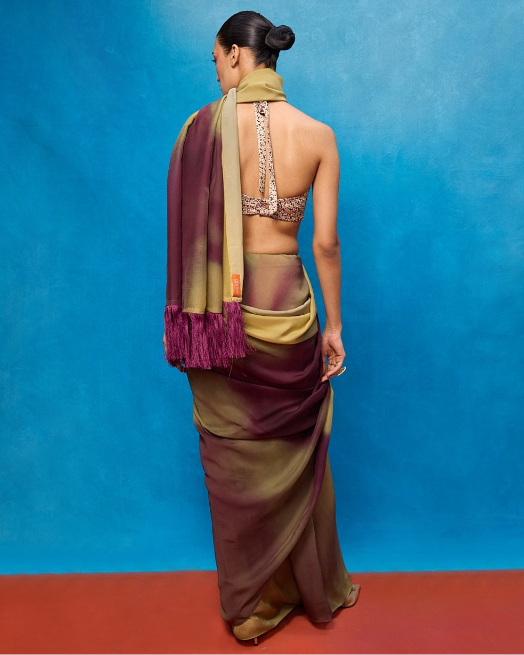 Handwoven Pista Green & Faded Purple Ombre Chiffon Digital Print Sari