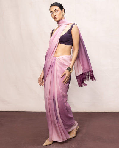 Handwoven Purple & Pink Ombre Chiffon Digital Print Sari