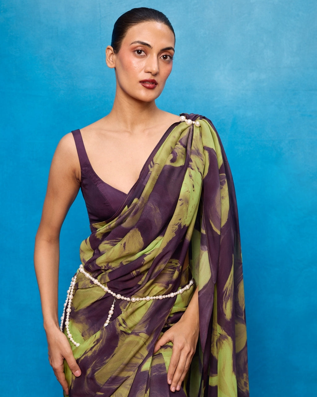 Handwoven Purple & Pista Green Brushstroke Chiffon Digital Print Sari