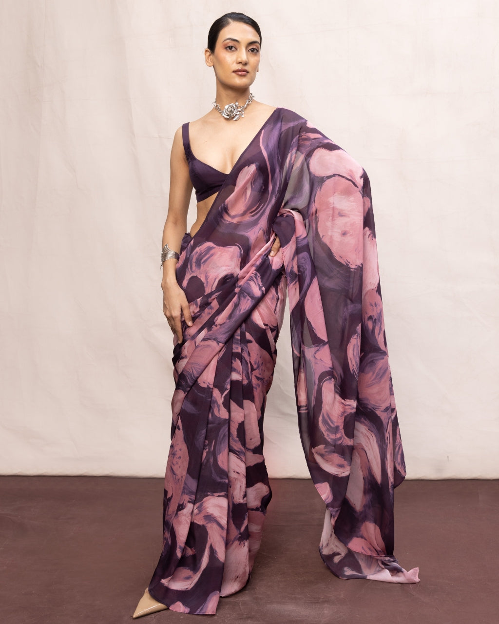 Handwoven Purple & Pink Brushstroke Chiffon Digital Print Sari