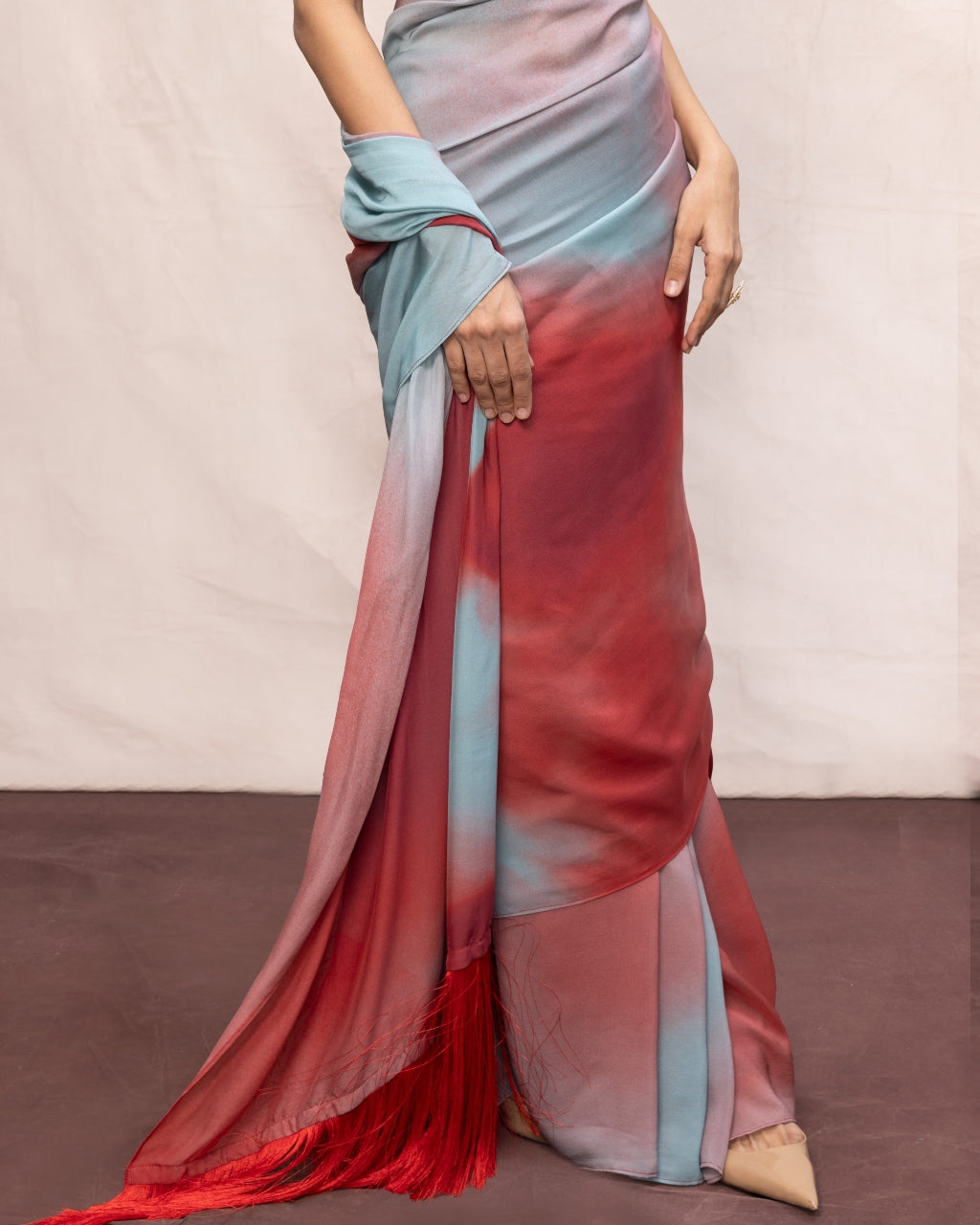 Handwoven Coral Red & Blue Ombre Chiffon Digital Print Sari