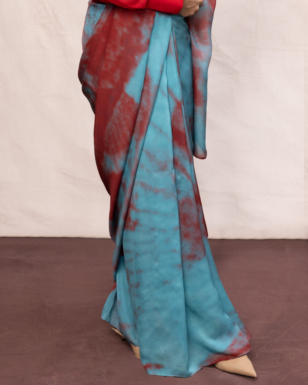 Handwoven Blue & Red Brushstroke Chiffon Digital Print Sari