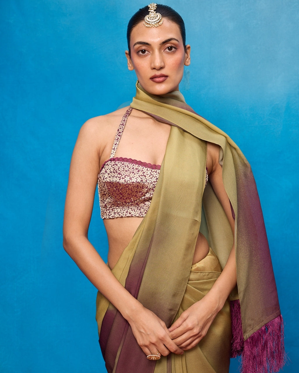 Handwoven Pista Green & Faded Purple Ombre Chiffon Digital Print Sari