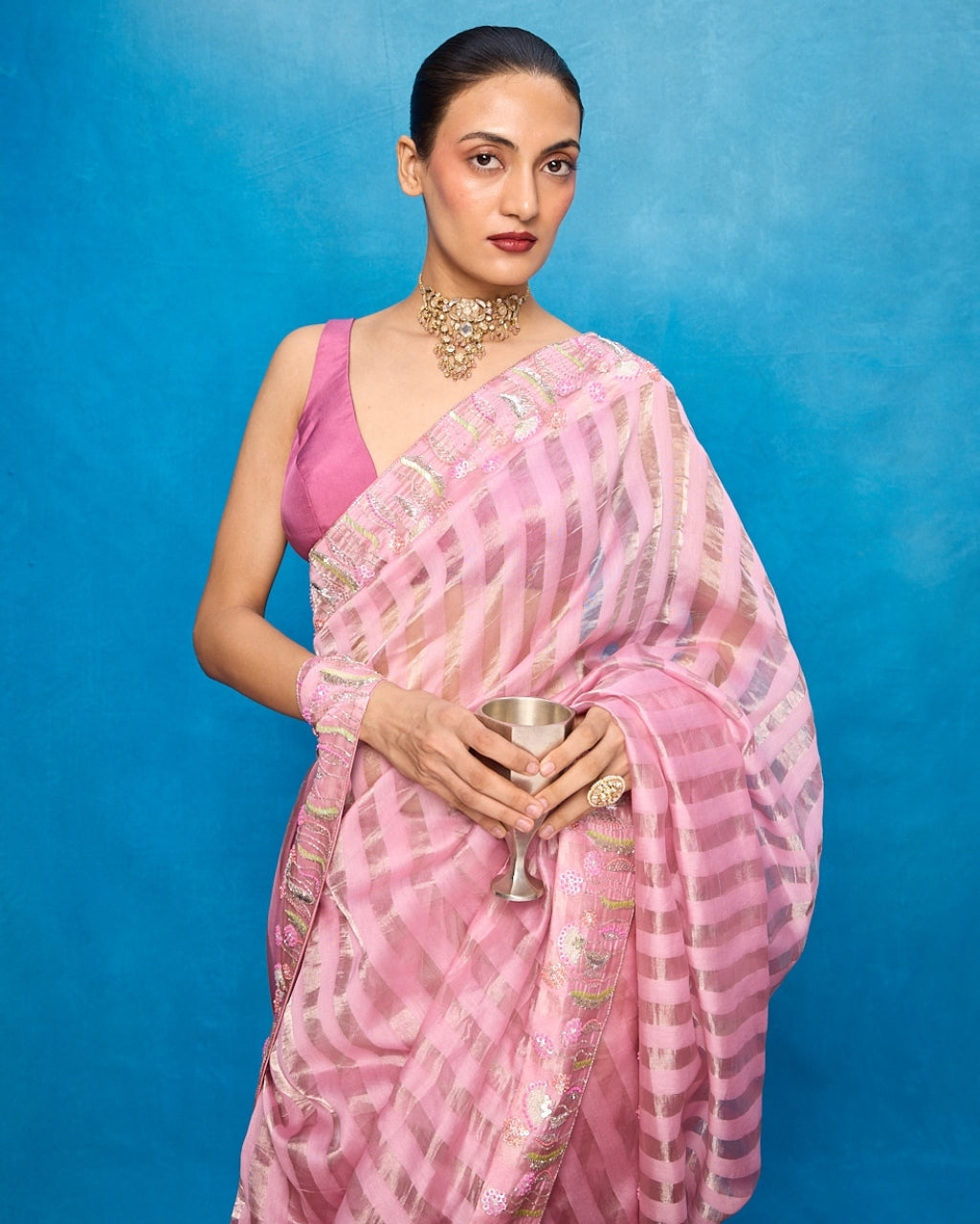 Handwoven Pink Tissue Embroidered Sari