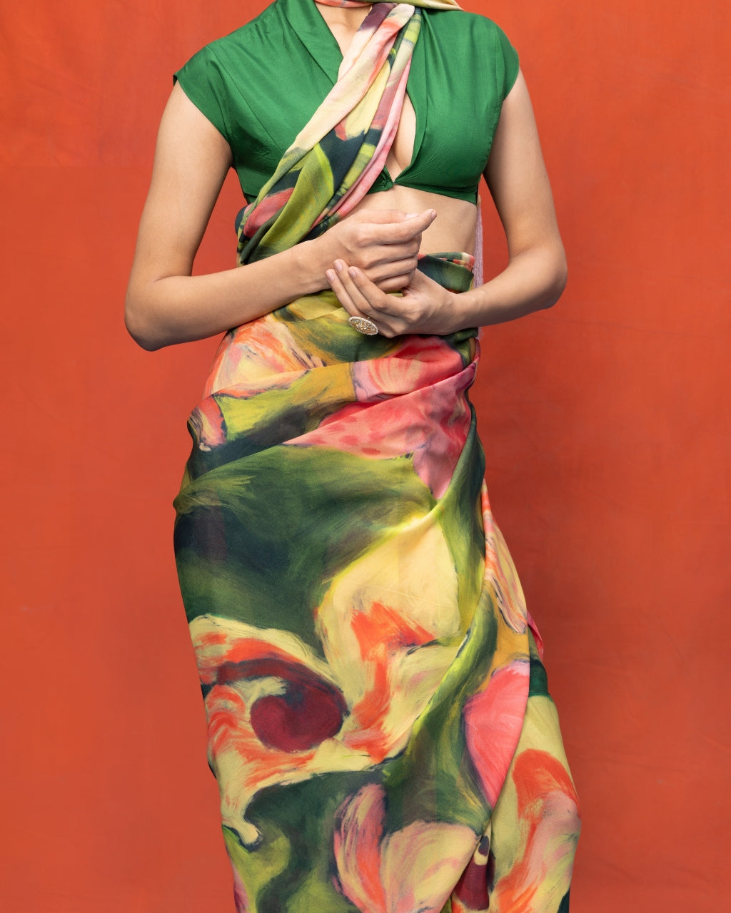 Handwoven Bottle Green & Pink Brushstroke Chiffon Digital Print Sari