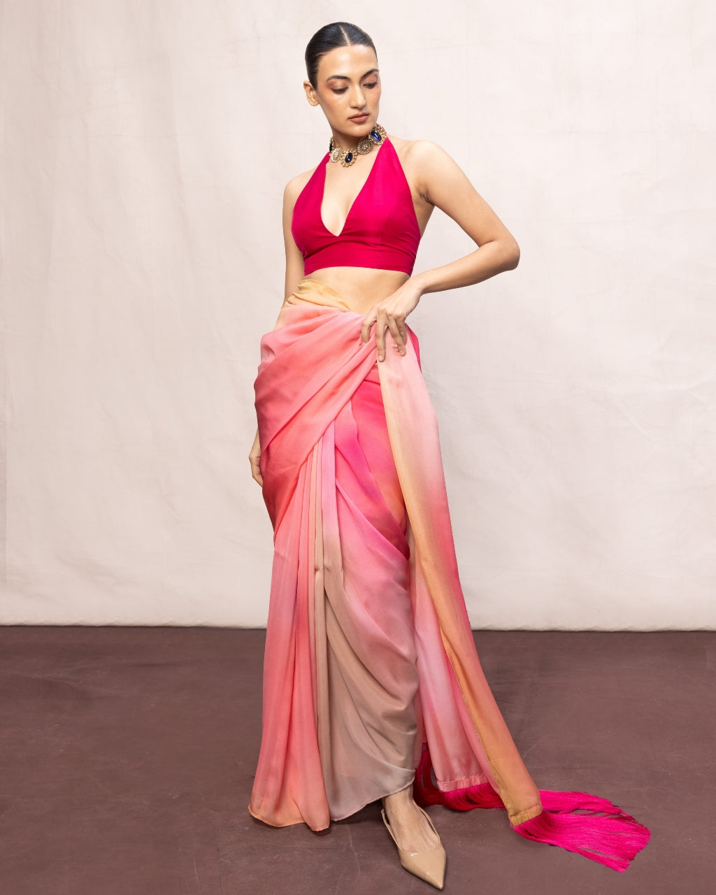 Handwoven Pink & Pista Green Ombre Chiffon Digital Print Sari