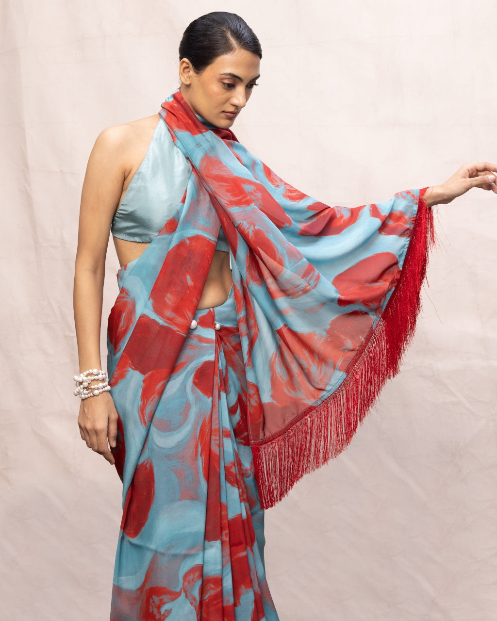 Handwoven Sky Blue & Red Brushstroke Chiffon Digital Print Sari