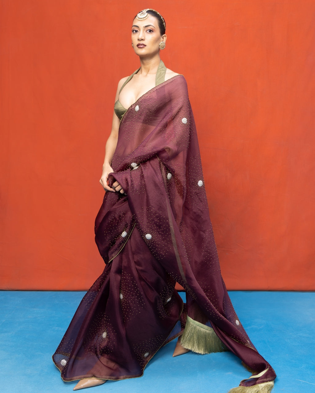Handwoven Wine Kora Banarasi Sari