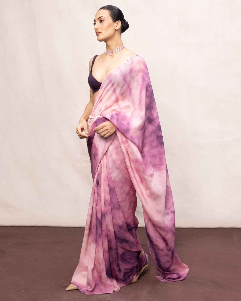 Handwoven Dark Purple & Light Pink Ombre Chiffon Digital Print Sari