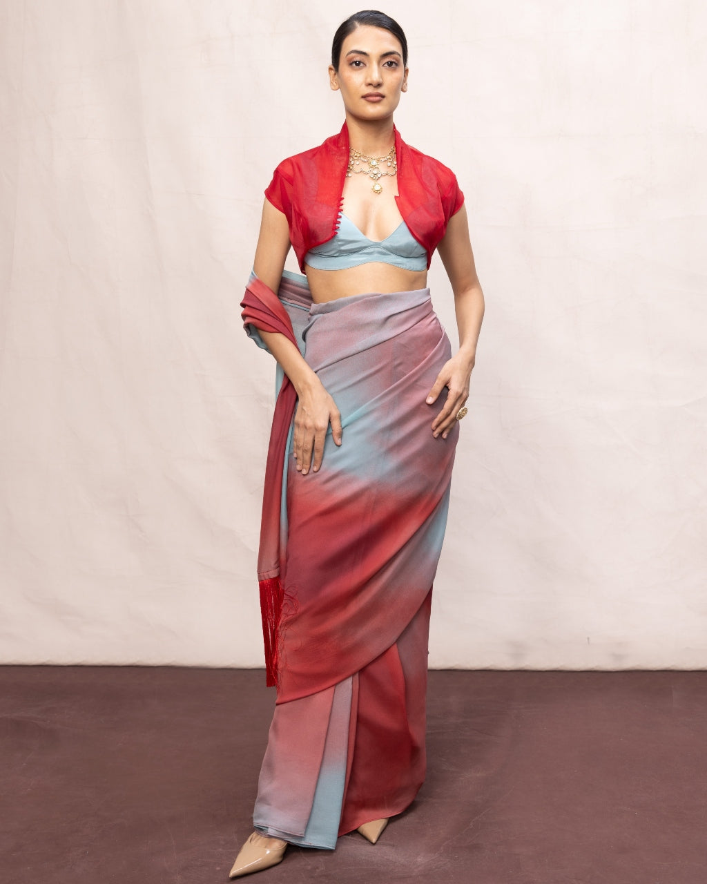 Handwoven Coral Red & Blue Ombre Chiffon Digital Print Sari