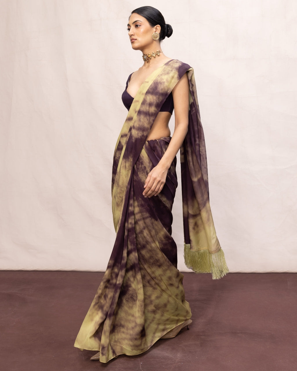 Handwoven Dark Purple & Pista Green Ombre Chiffon Digital Print Sari