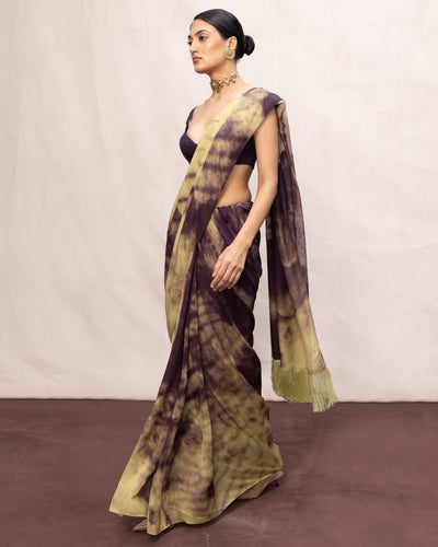Handwoven Dark Purple & Pista Green Ombre Chiffon Digital Print Sari