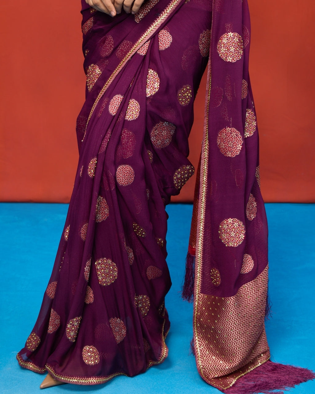 Handwoven Wine Chiffon Banarasi Sari