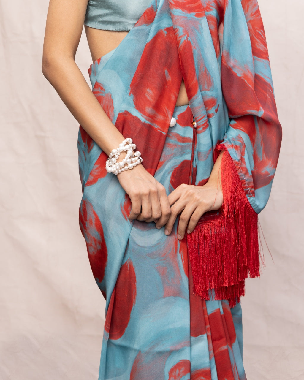 Handwoven Sky Blue & Red Brushstroke Chiffon Digital Print Sari