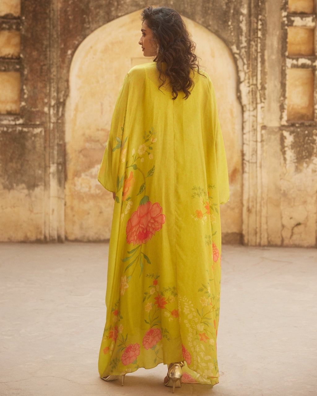 Lime Yellow Floral Habutai Kaftan