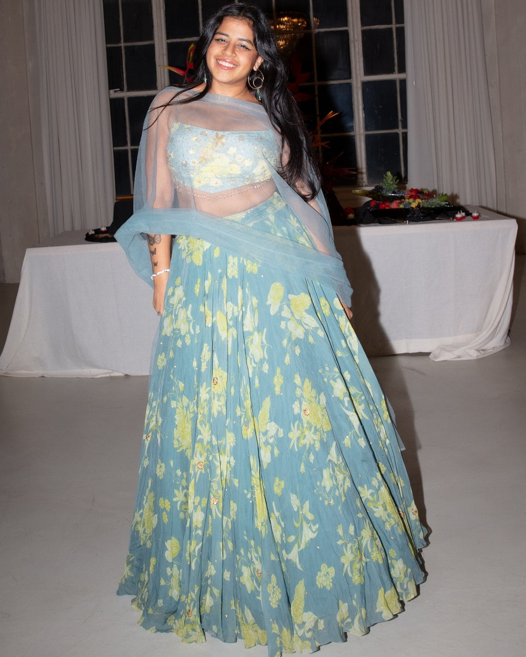 Ice Blue Floral Printed And Highlighted Lehenga Set