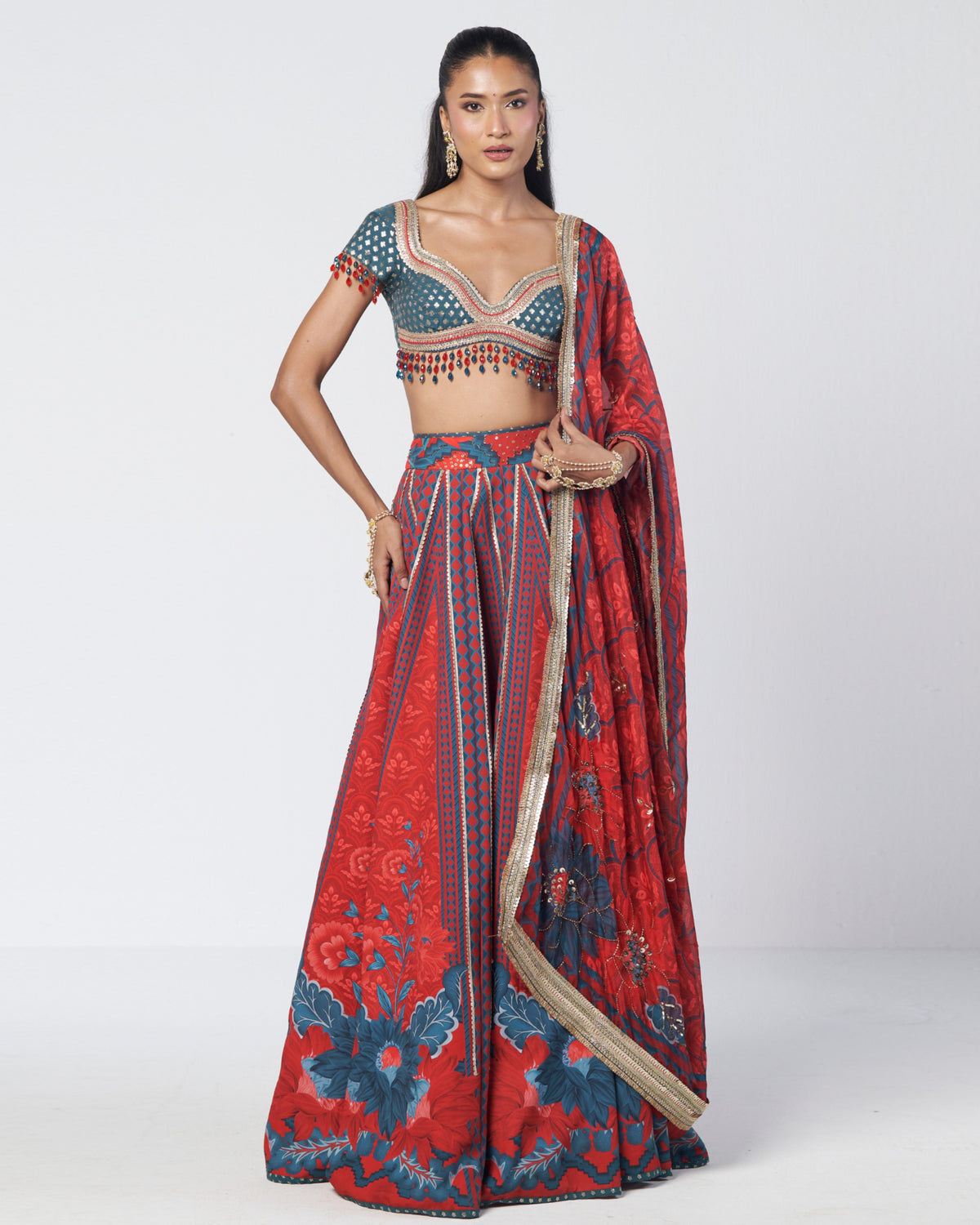 Tabasco Red Leher Lehenga Set
