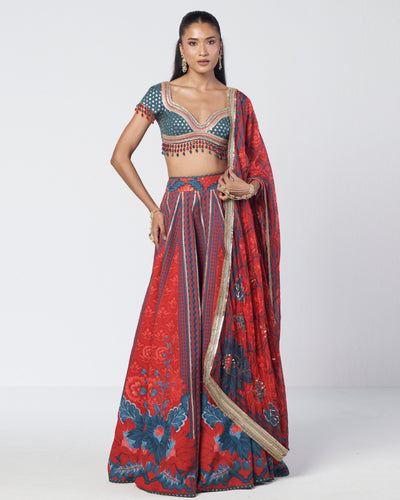 Tabasco Red Leher Lehenga Set