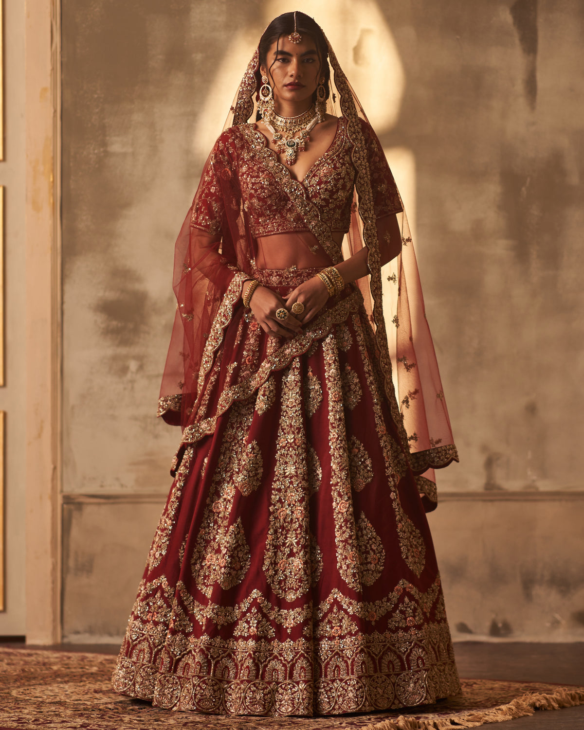 Jenna Maroon Raw Silk Double Dupatta Lehenga Set