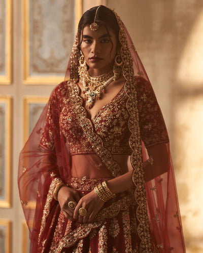 Jenna Maroon Raw Silk Double Dupatta Lehenga Set